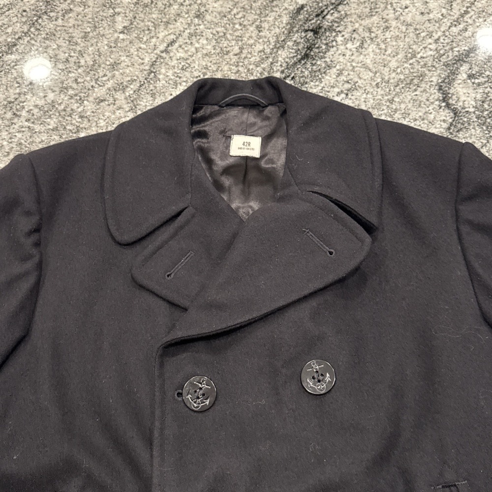 Vintage US Navy 100% Wool Pea Coat Black USN Jacket Overcoat Whaling USA 80s 42R - Picture 5 of 9